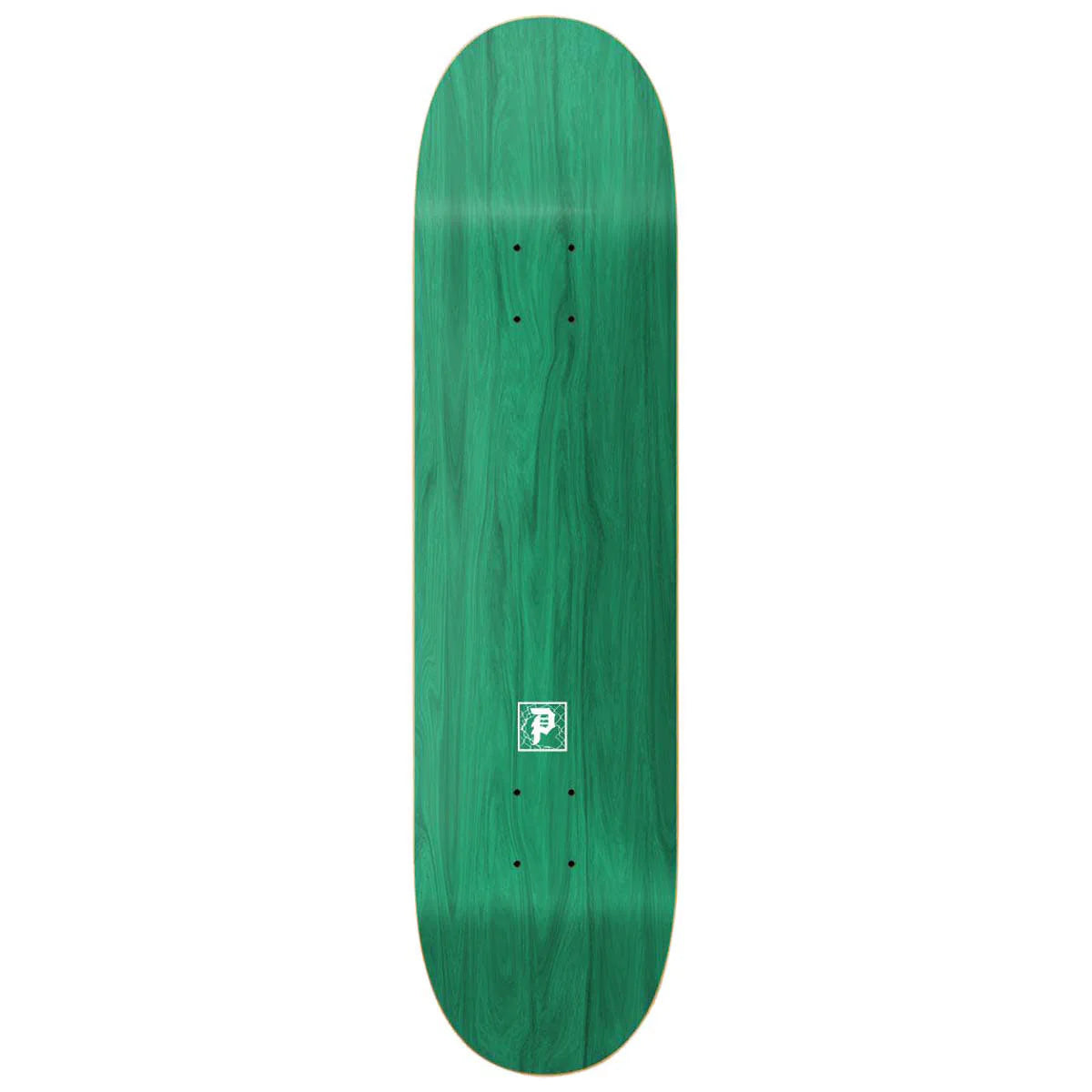 Green skateboard deck with a logo on a white background