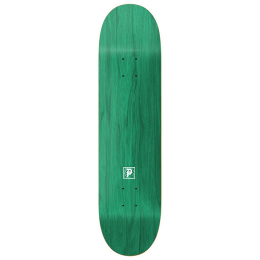 Green skateboard deck with a logo on a white background