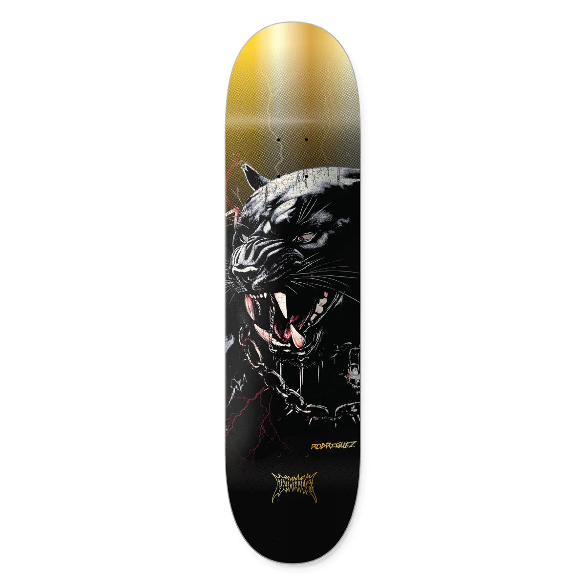 Skateboard deck with a black panther design on a white background
