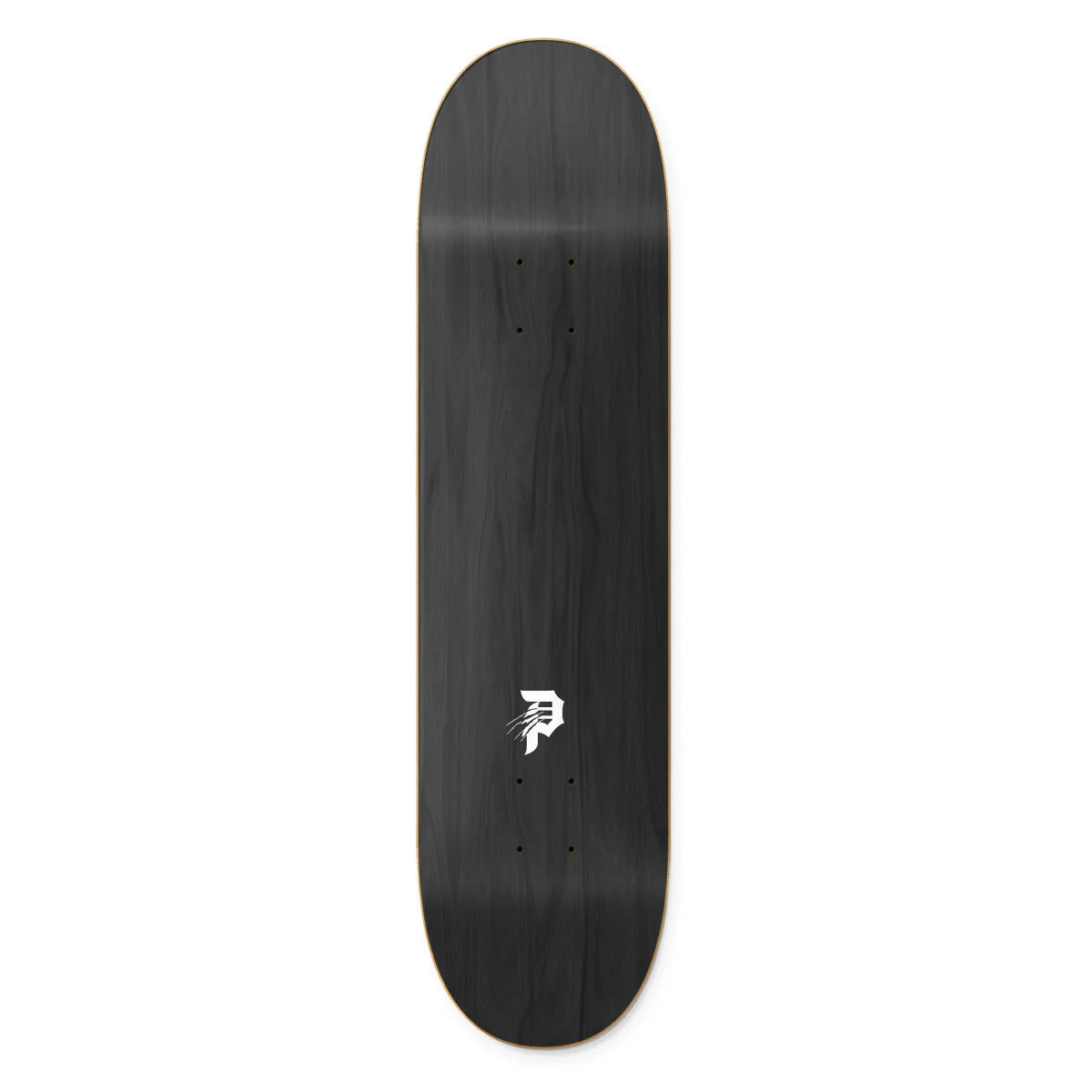 Black skateboard deck with a white logo on a white background