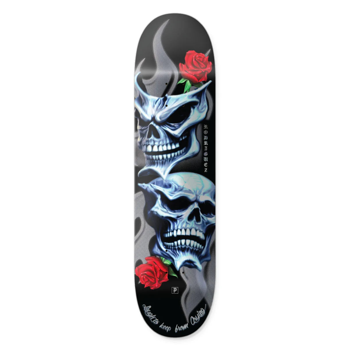A skateboard deck featuring a black background with two large blue-gray skulls, red roses, and gray smoke graphics. The text 'Skateboard Love from Outlaw' is printed near the bottom.