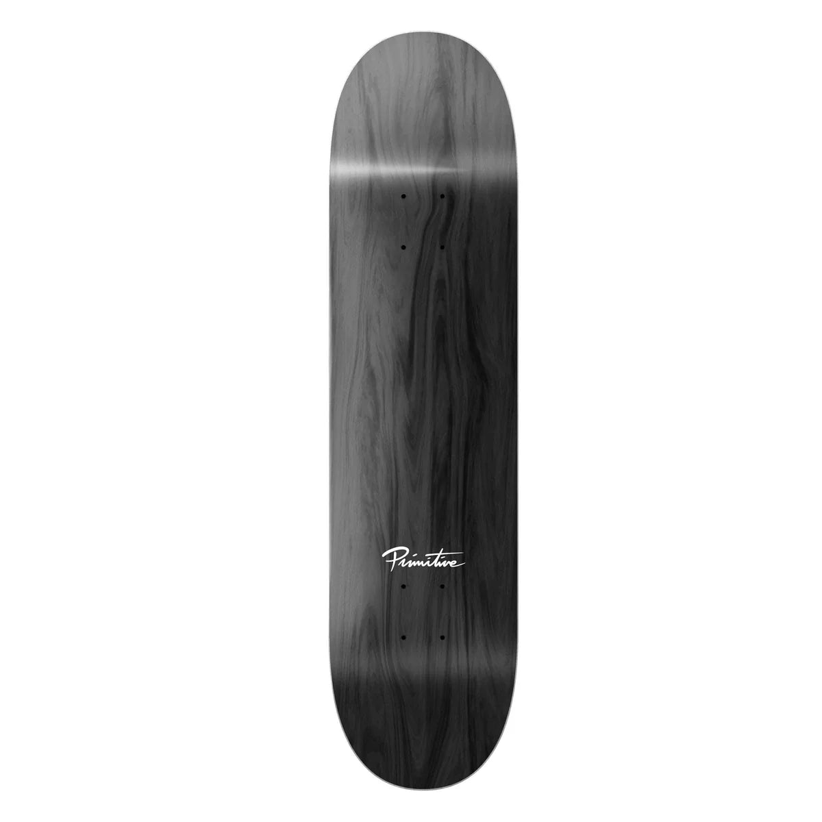 Skateboard deck with gradient design and 'Primitive' branding on a white background