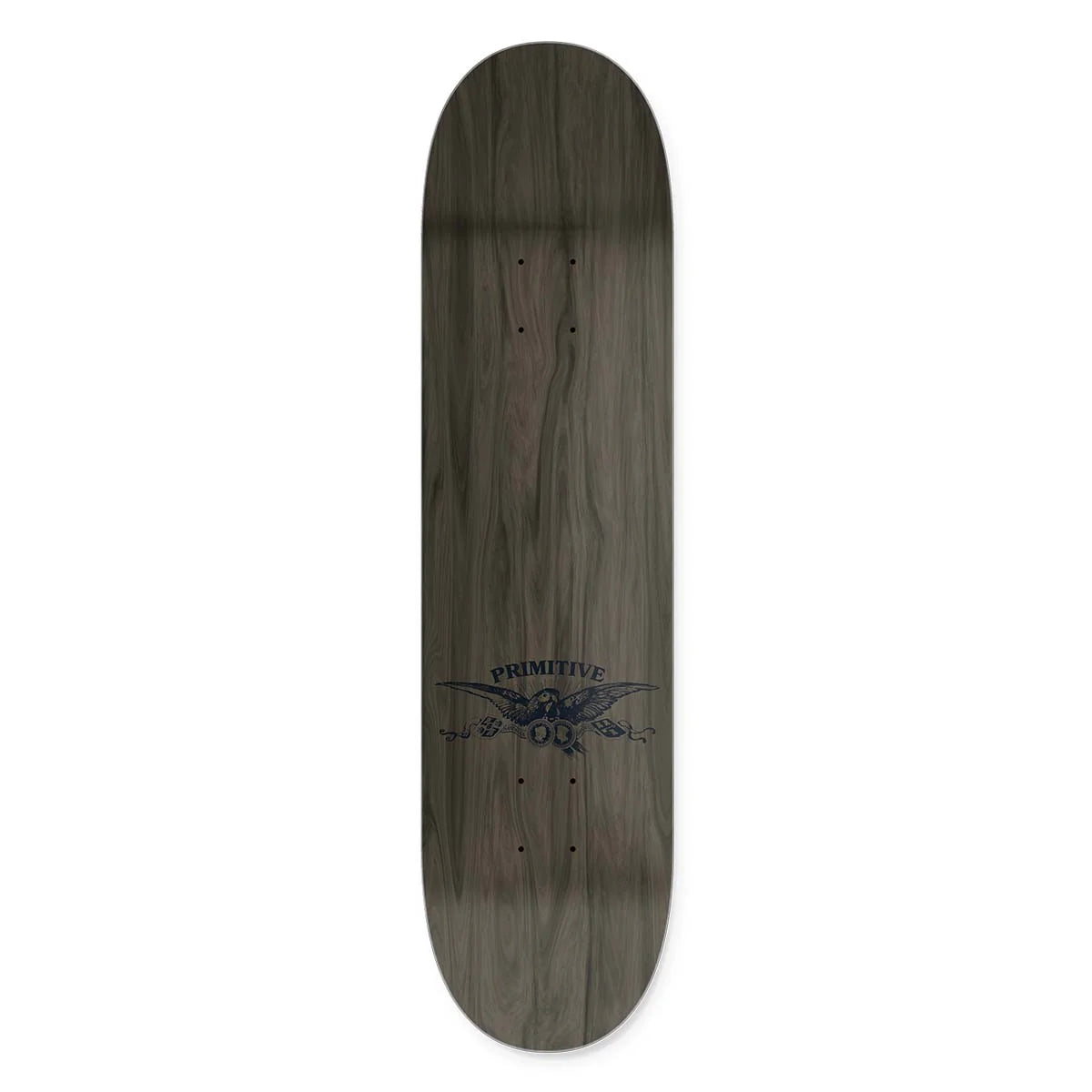 Wooden skateboard deck with a logo on a white background