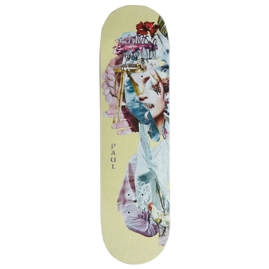 Skateboard deck with artistic design and 'PAUL' branding on a light yellow background