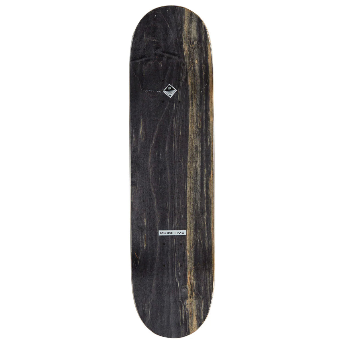 Skateboard deck with a black and brown wood grain pattern on a white background