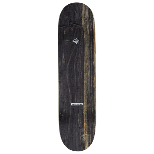 Skateboard deck with a black and brown wood grain pattern on a white background