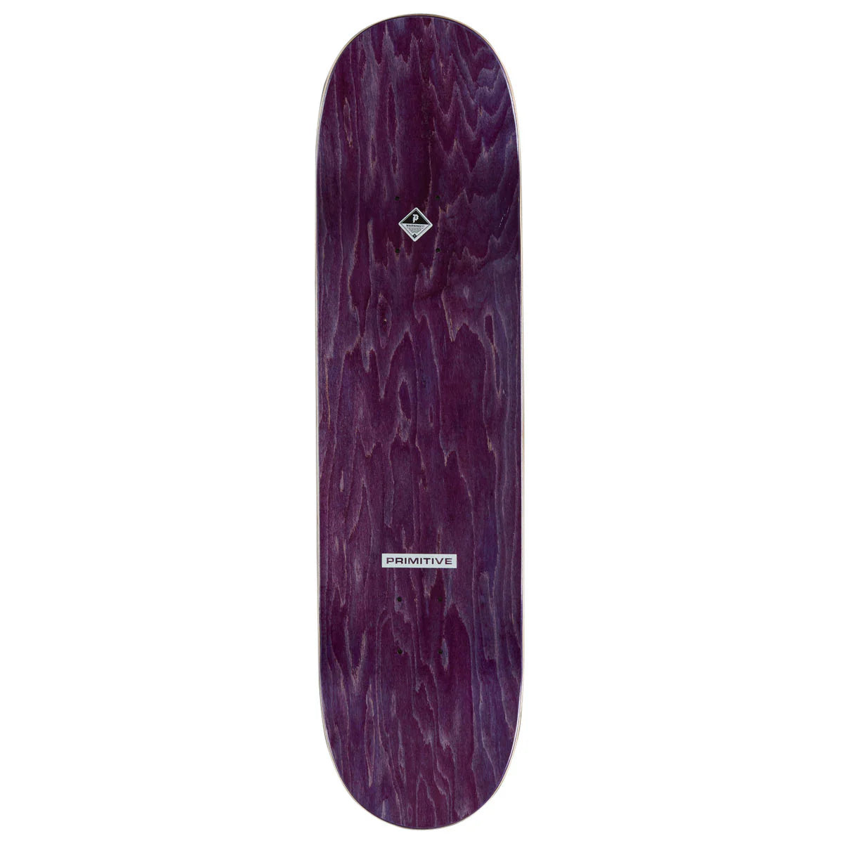 Purple skateboard deck with a visible brand logo on a white background