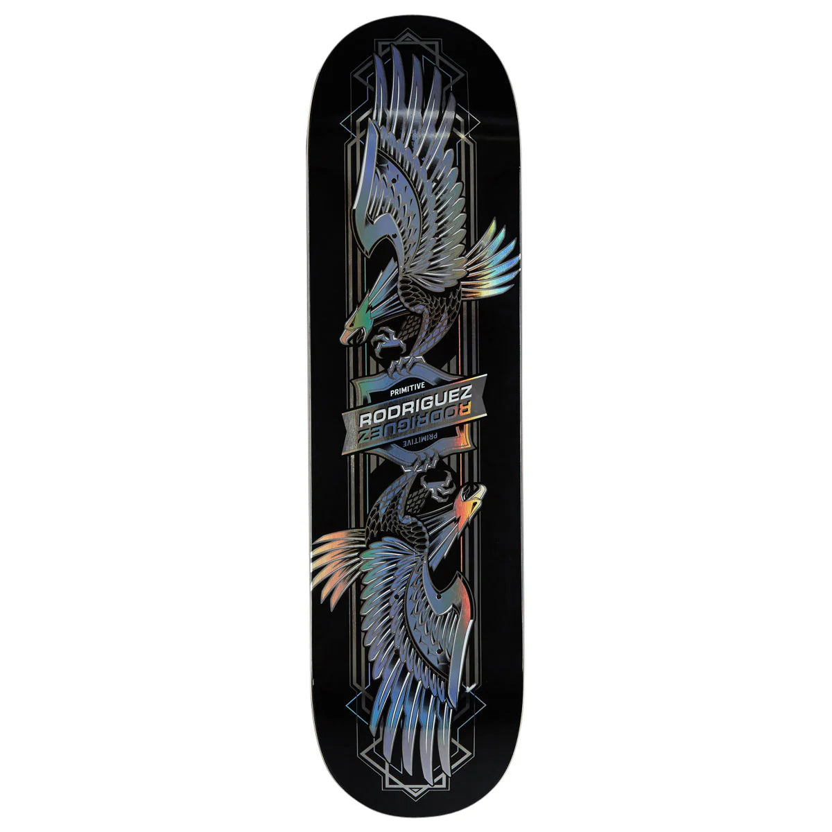 Skateboard deck with bird design and branding on a white background