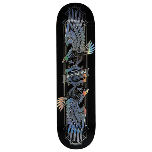 Skateboard deck with bird design and branding on a white background