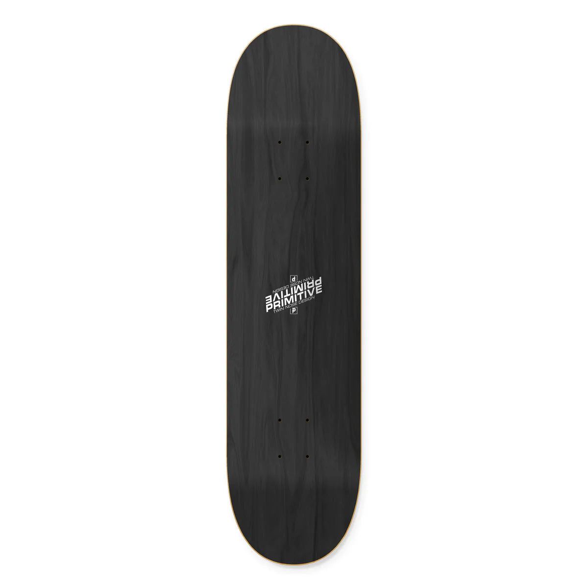 Black skateboard deck with a logo on a white background