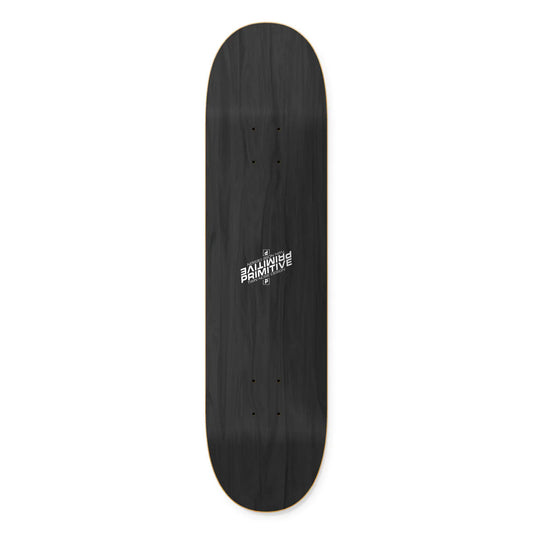 Black skateboard deck with a logo on a white background