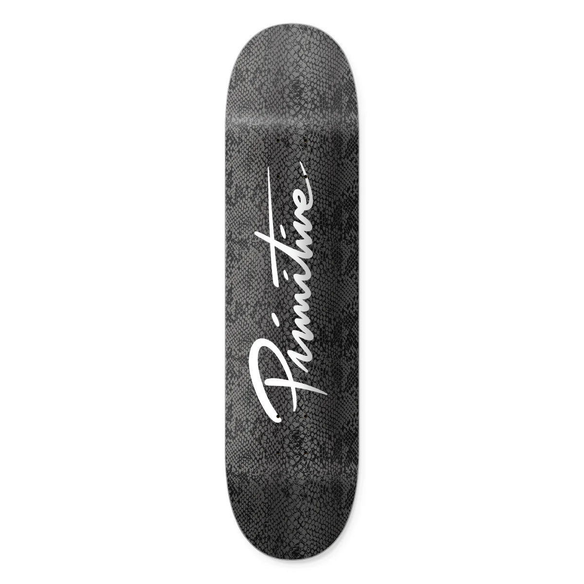 Skateboard deck with 'Primitive' logo on a white background
