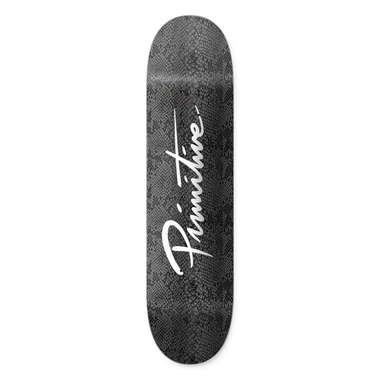 Skateboard deck with 'Primitive' logo on a white background