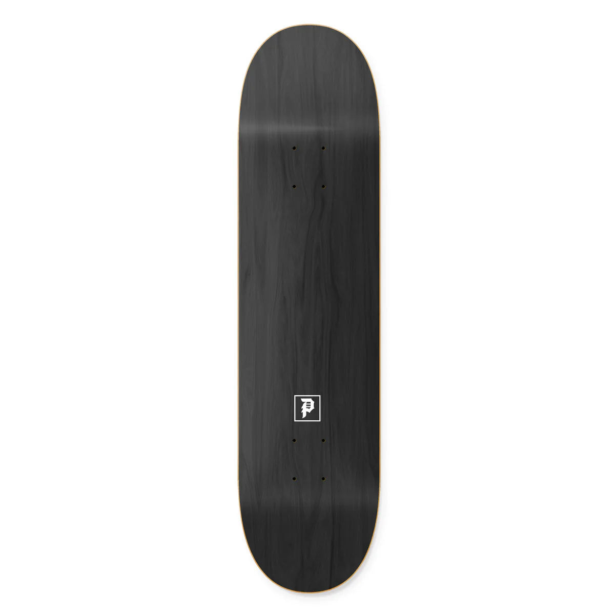 Black skateboard deck with a logo on a white background