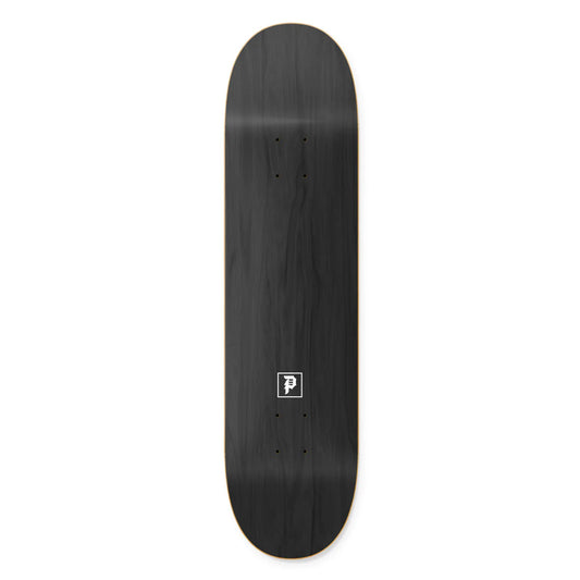 Black skateboard deck with a logo on a white background