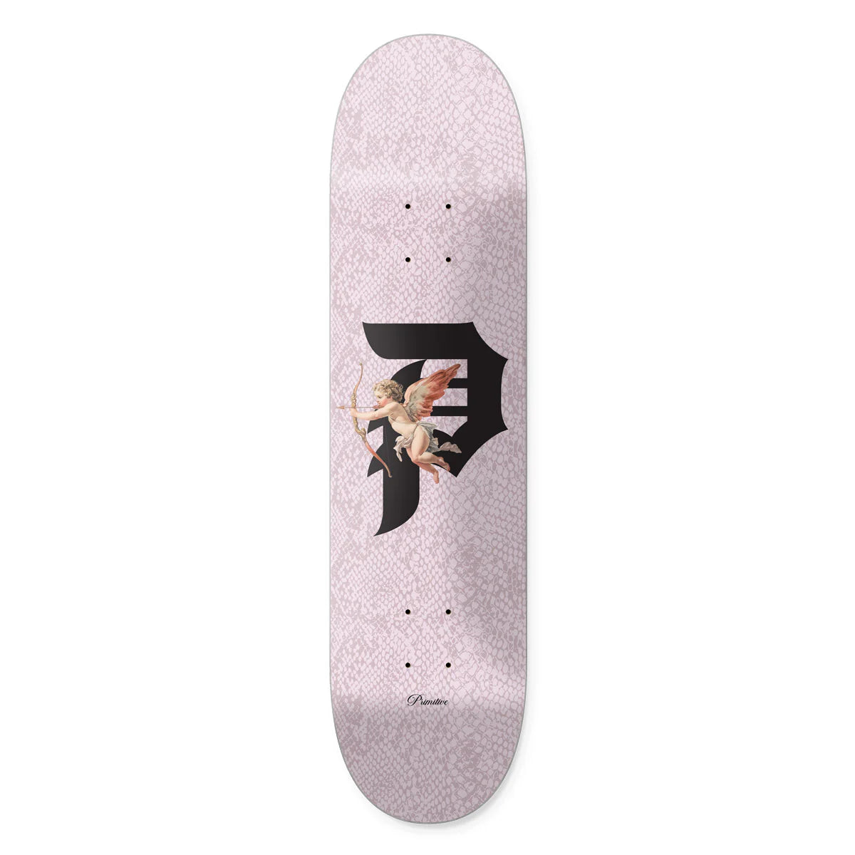 Skateboard deck with a design of two cherubs and a black letter 'F' on a light pink background.