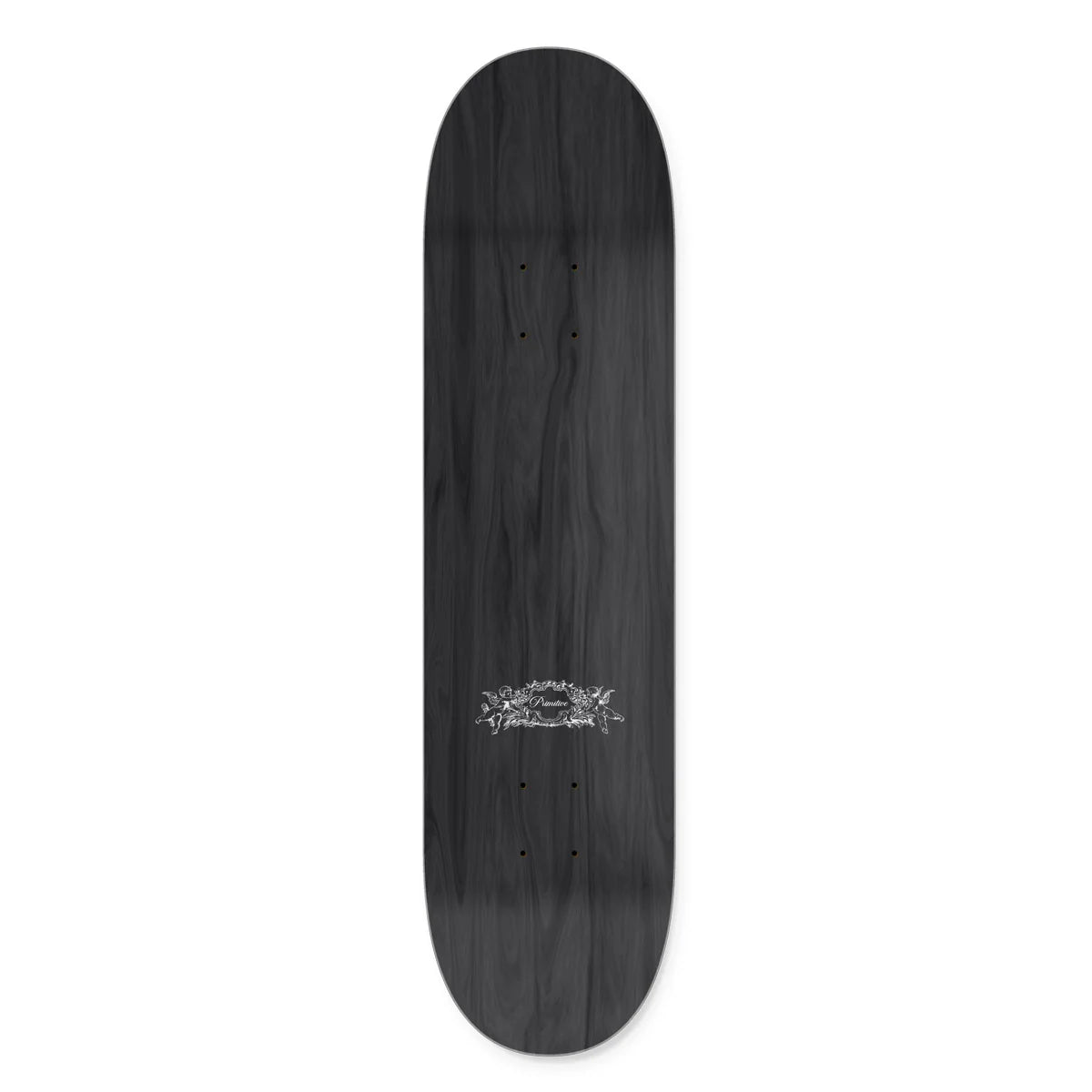 A dark wood skateboard deck with a black finish and a white graphic logo near the center, shown vertically against a plain white background.