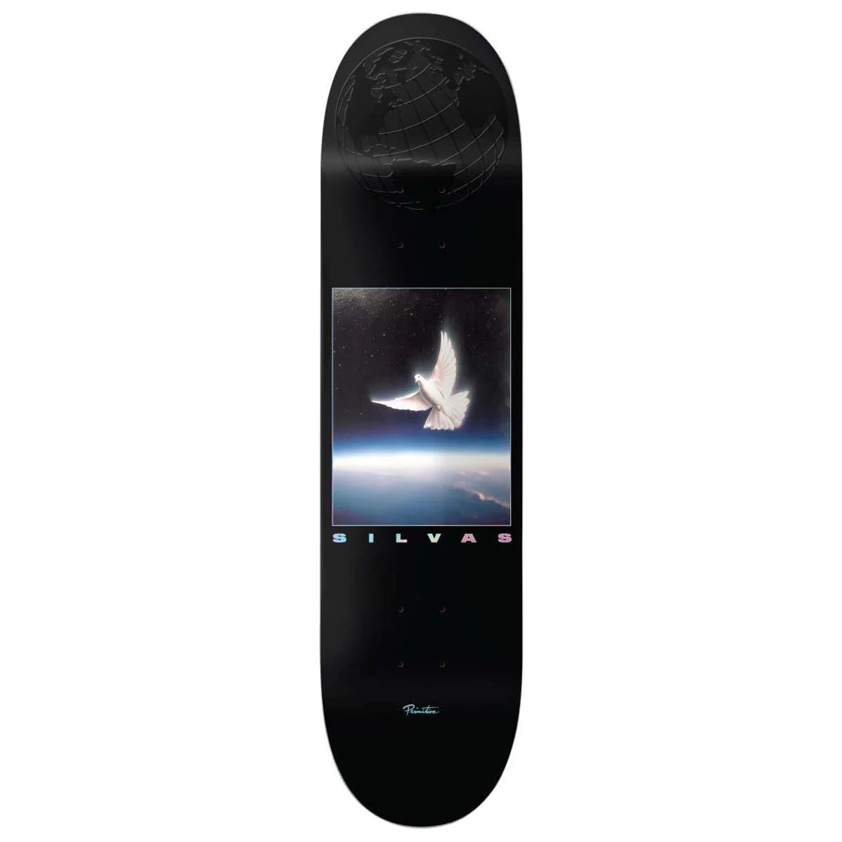 Skateboard deck with a dove over Earth image and 'Silvas' branding on a black background