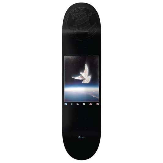 Skateboard deck with a dove over Earth image and 'Silvas' branding on a black background