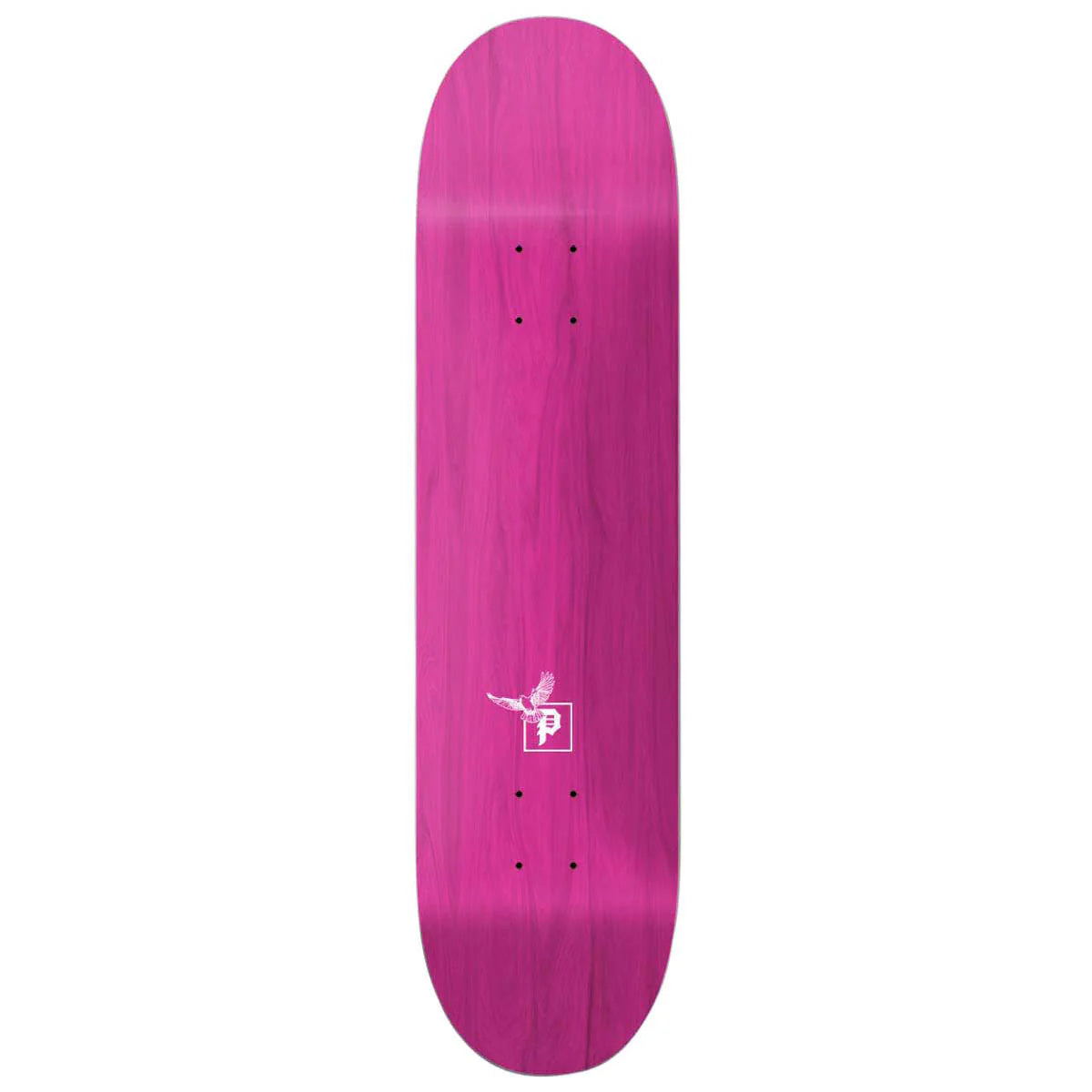 Pink skateboard deck with a logo on a white background