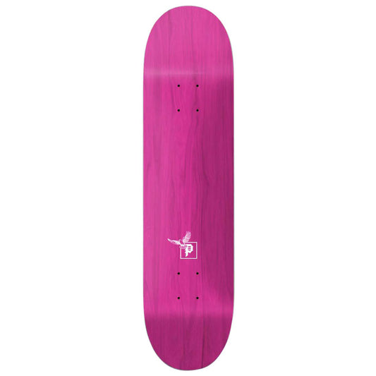 Pink skateboard deck with a logo on a white background