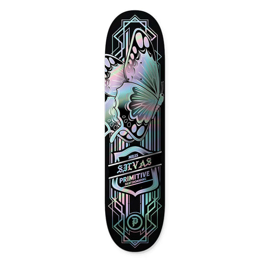 Skateboard deck with butterfly design and 'Primitive' branding on a white background