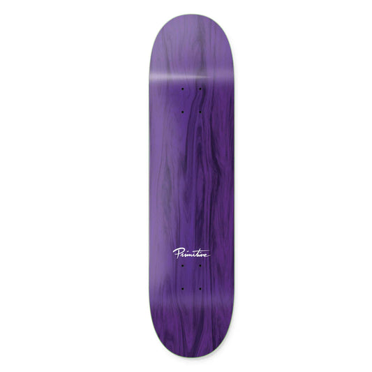 Purple skateboard deck with a visible brand logo on a white background