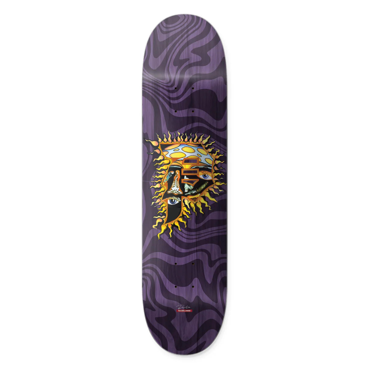 Skateboard deck with purple wavy pattern and yellow sun design on a white background