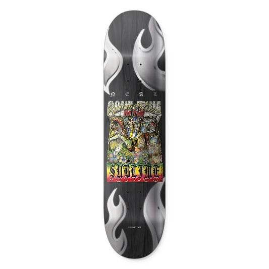 Skateboard deck with colorful graphics and flames on a white background