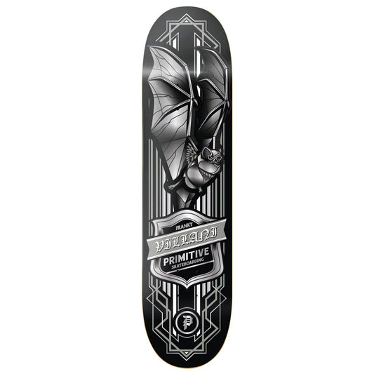 Black skateboard deck with bat design and Primitive branding on a white background