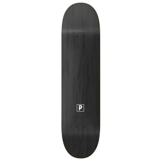 Black skateboard deck with a logo on a white background
