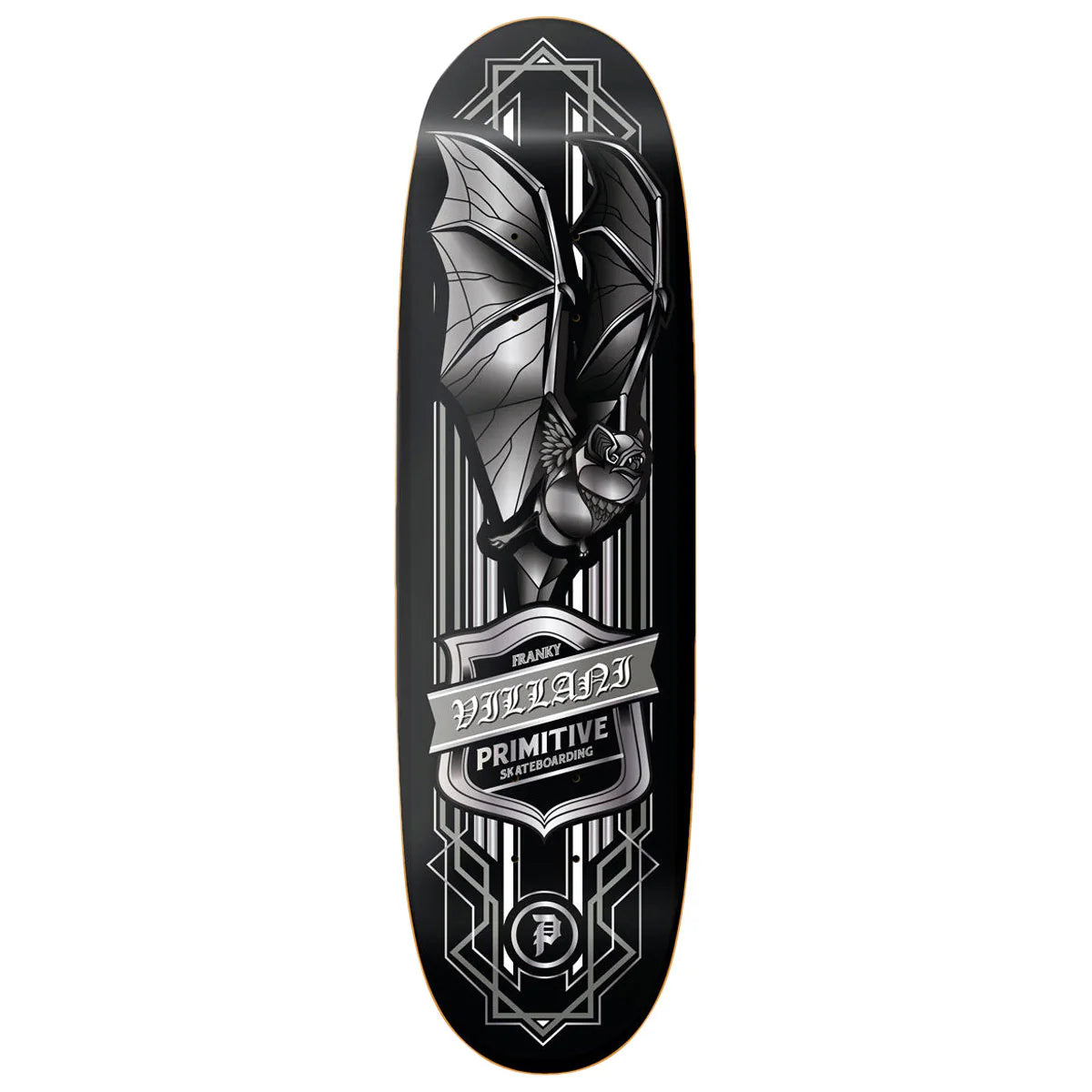 Black skateboard deck with bat design and Primitive branding on a white background