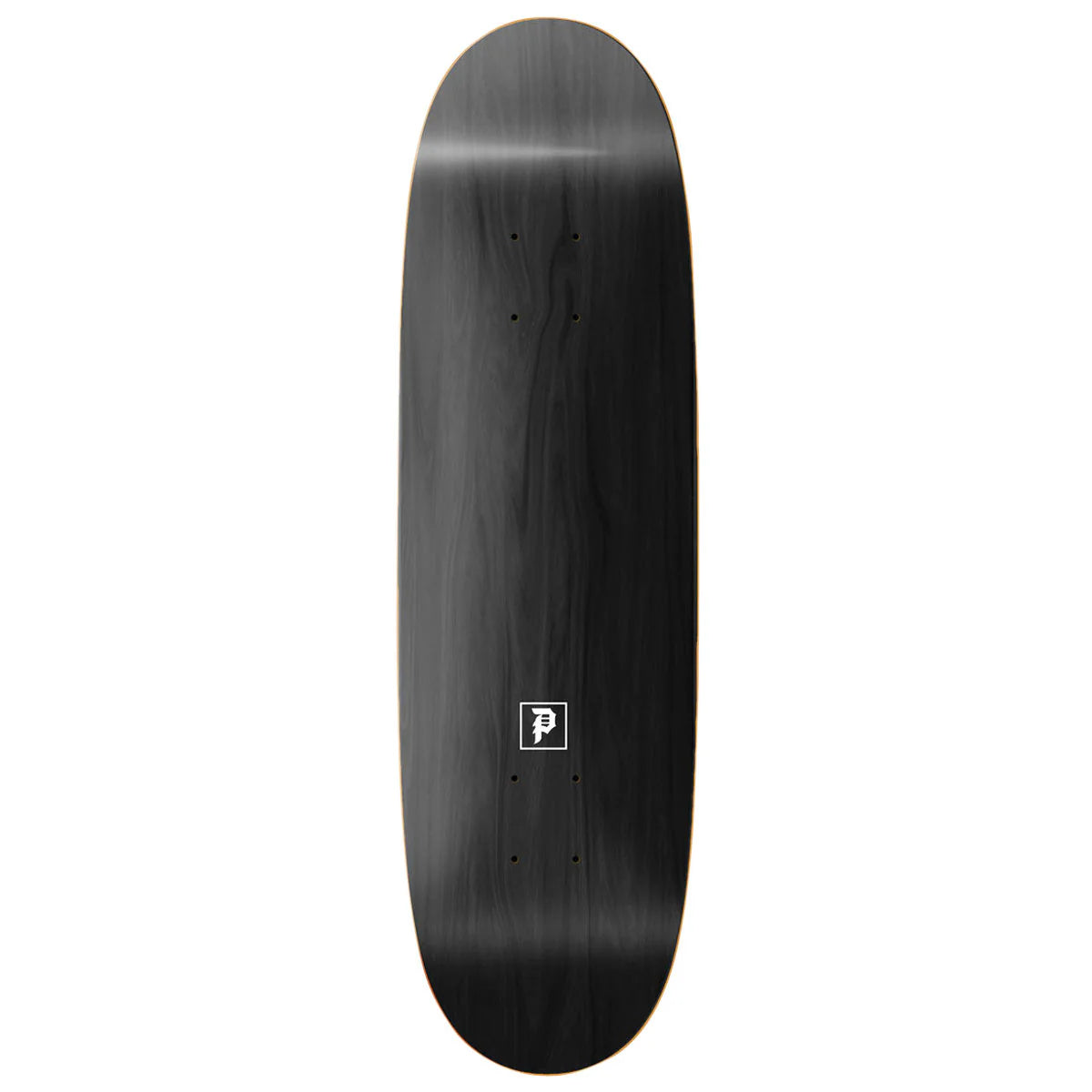 Black skateboard deck with a logo on a white background