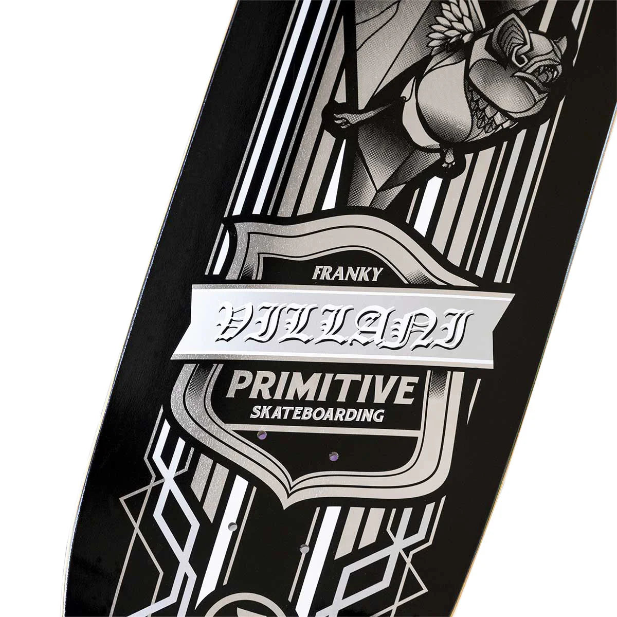 Black and white skateboard deck with 'Primitive Skateboarding' and 'Franky Villani' branding.