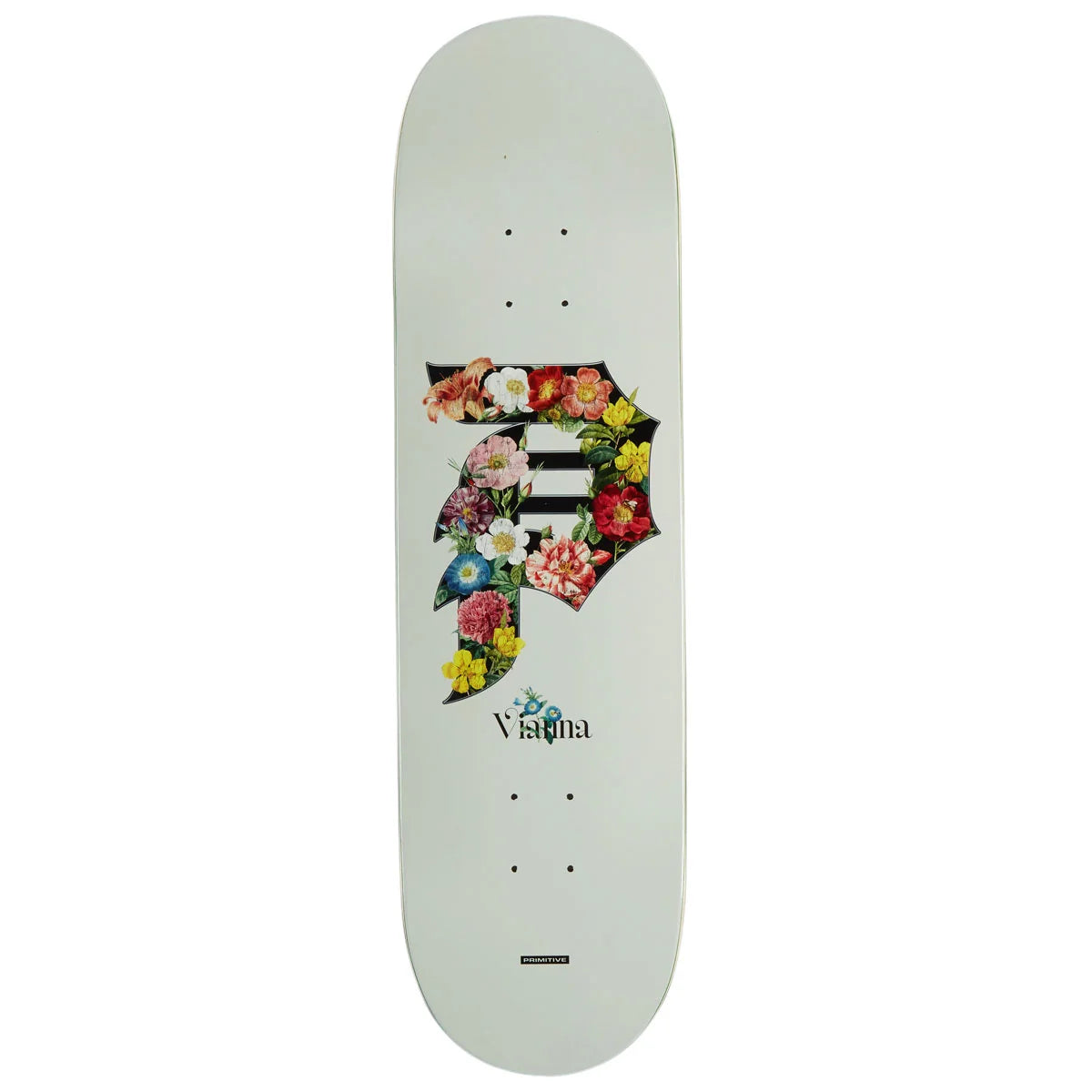 A white skateboard deck featuring a large stylized letter 'P' filled with a colorful floral pattern, with the Visama brand name printed below.