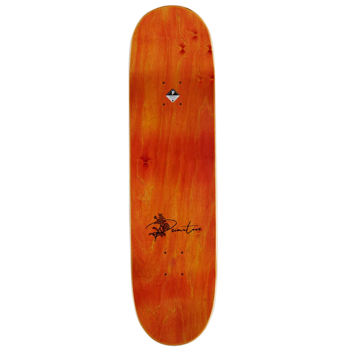 An orange maple skateboard deck shown vertically against a plain white background, featuring a black graphic logo near the bottom and a small diamond-shaped brand sticker near the top.