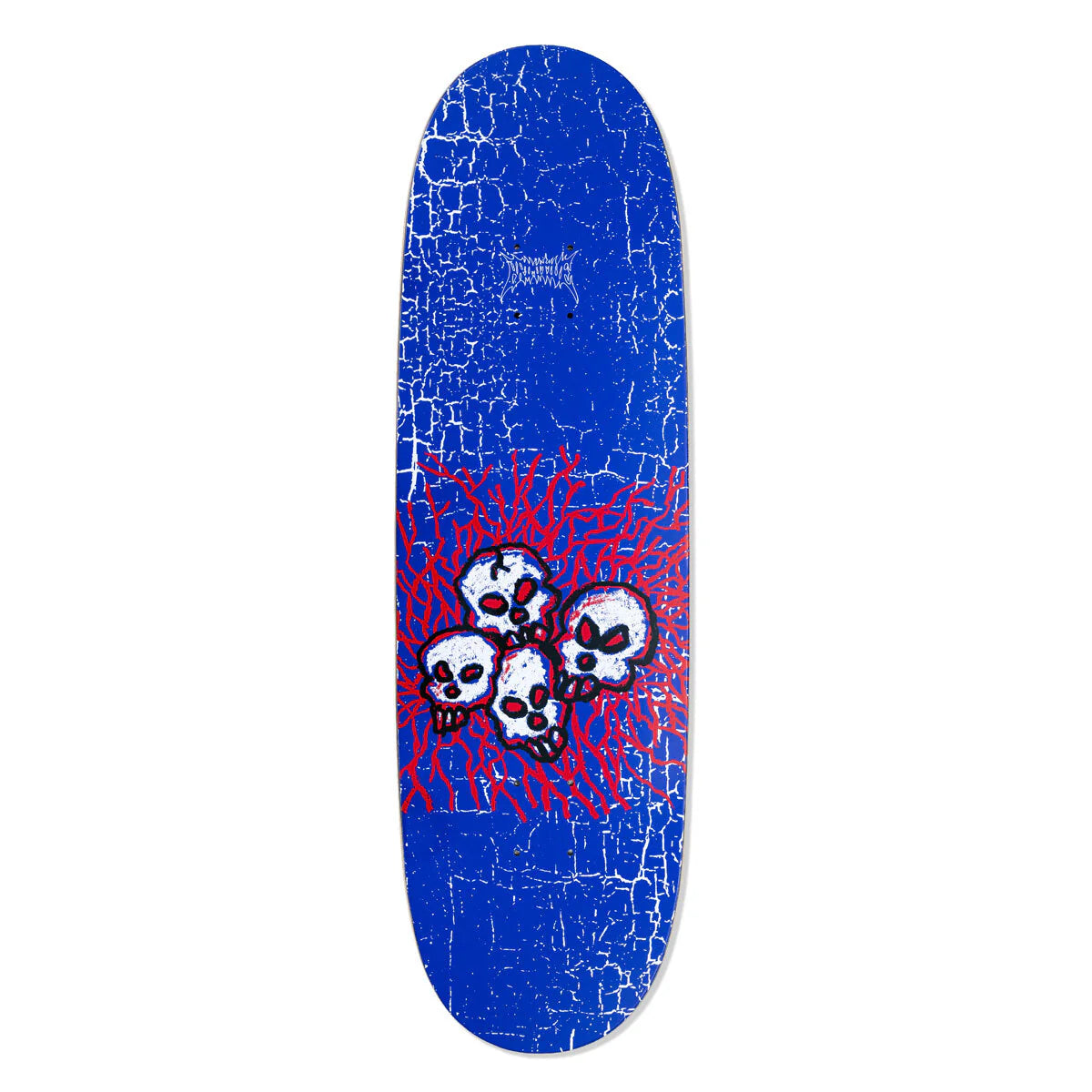 Skateboard deck with skull design on a blue cracked background