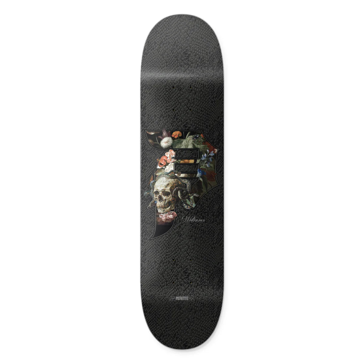 Skateboard deck with a skull and floral design on a black background