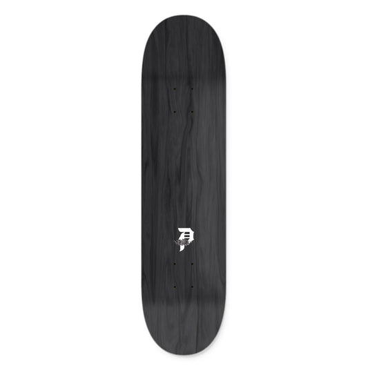 Black skateboard deck with a white logo on a white background