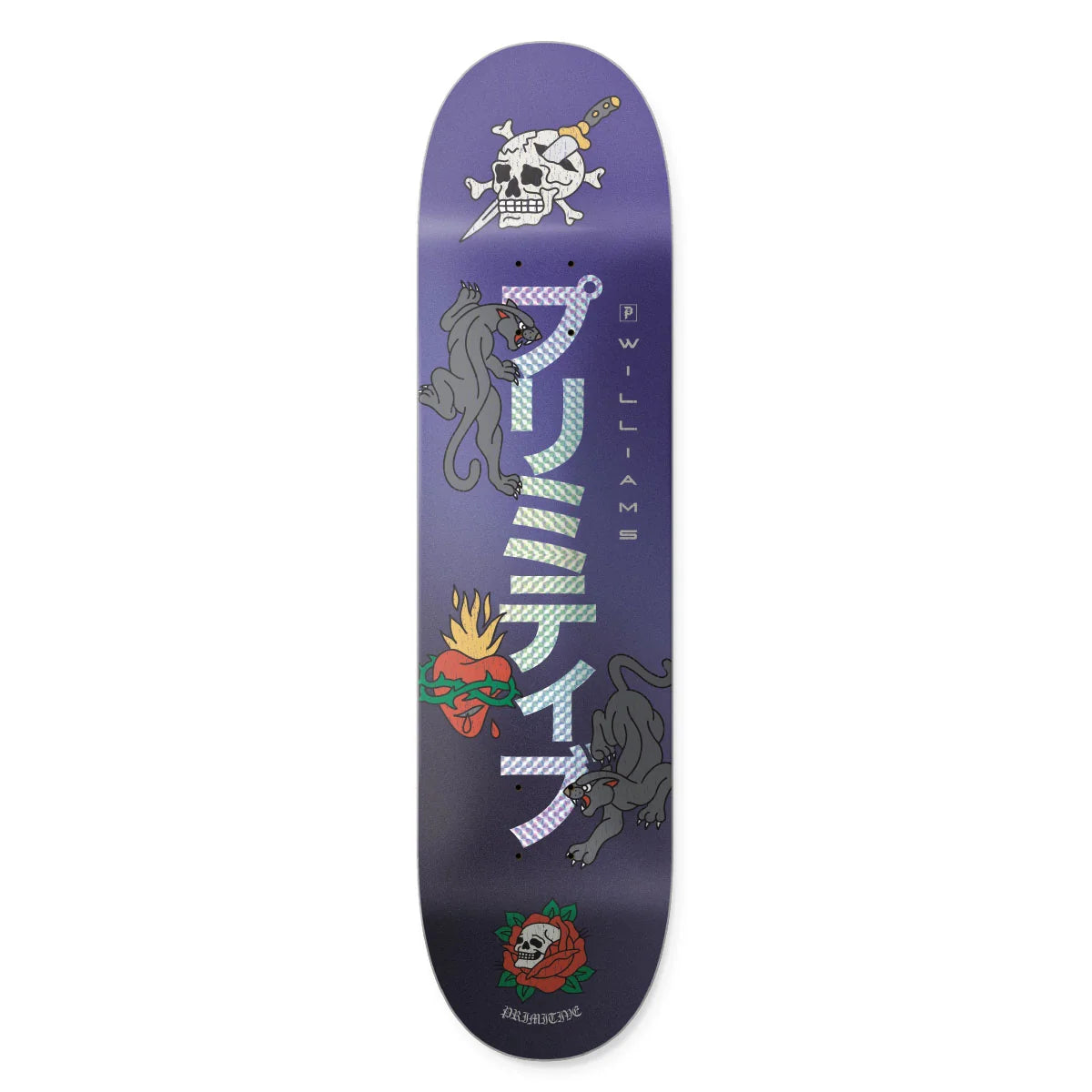 A skateboard deck with a purple gradient background featuring Japanese text, a skull with a cigarette, two gray wolves, a red heart with flames, and a skull rose at the bottom. The brand 'Skate Republic' is visible near the bottom.