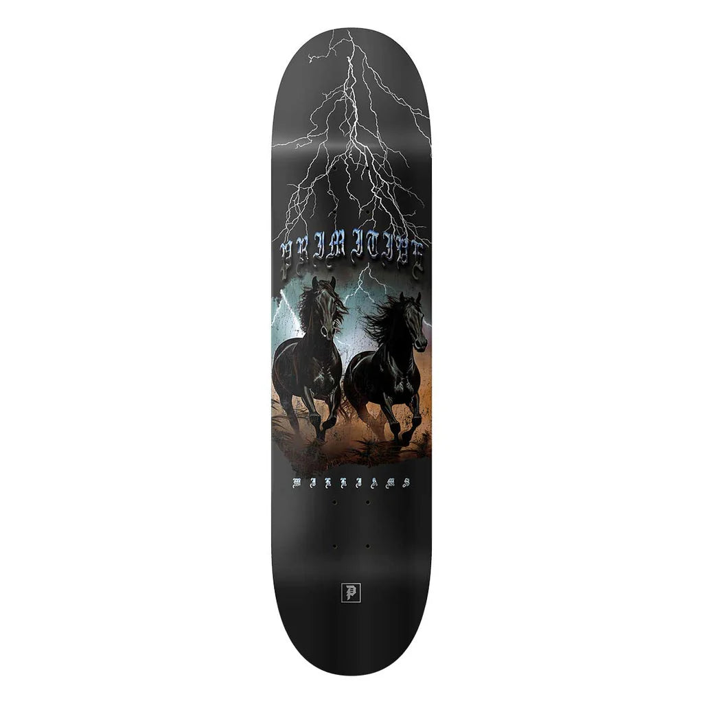 Skateboard deck with horse design and lightning on a white background