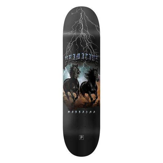 Skateboard deck with horse design and lightning on a white background