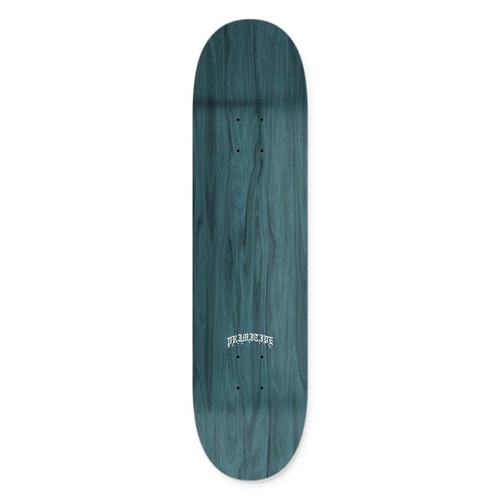 Teal skateboard deck with a brand logo on a white background