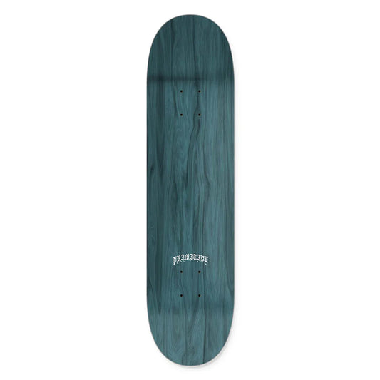 Teal skateboard deck with a brand logo on a white background