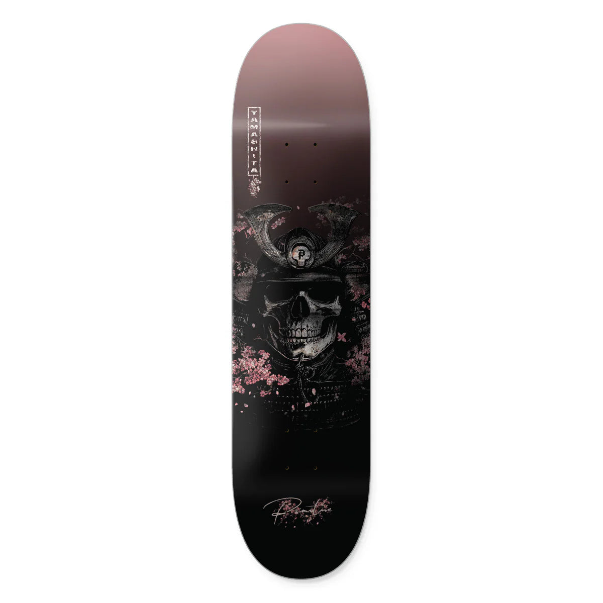 Skateboard deck with skull and cherry blossom design on a white background