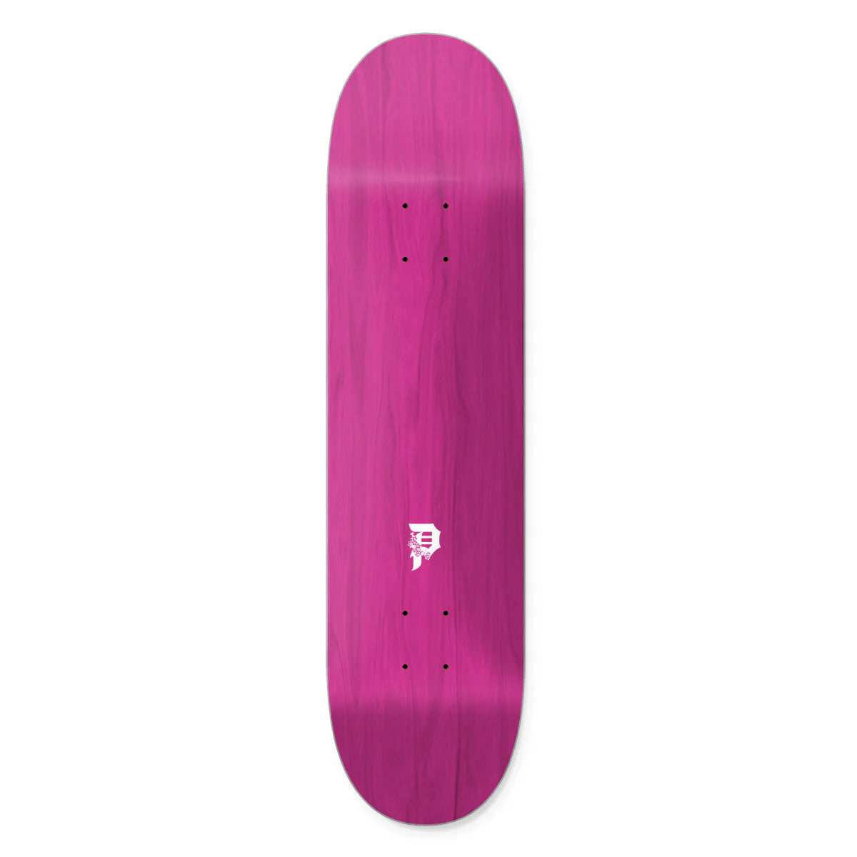 Pink skateboard deck with a logo on a white background