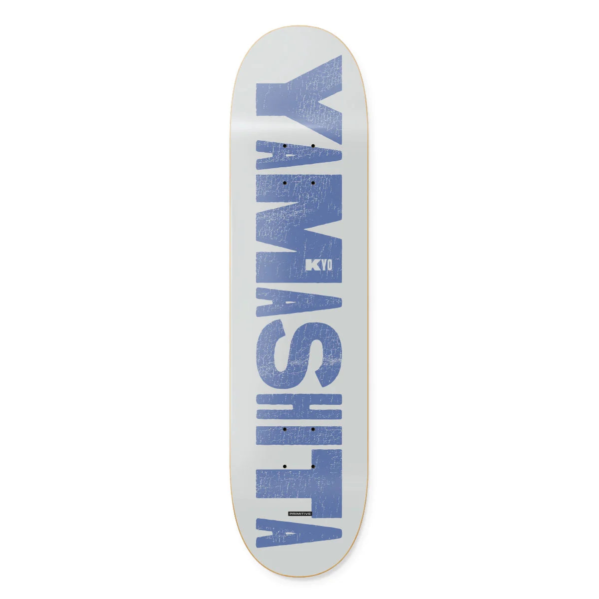A Yamahata skateboard deck featuring a white base with large, vertically oriented distressed blue text spelling 'YAMASHITA' and a small 'kyo' logo in the center.