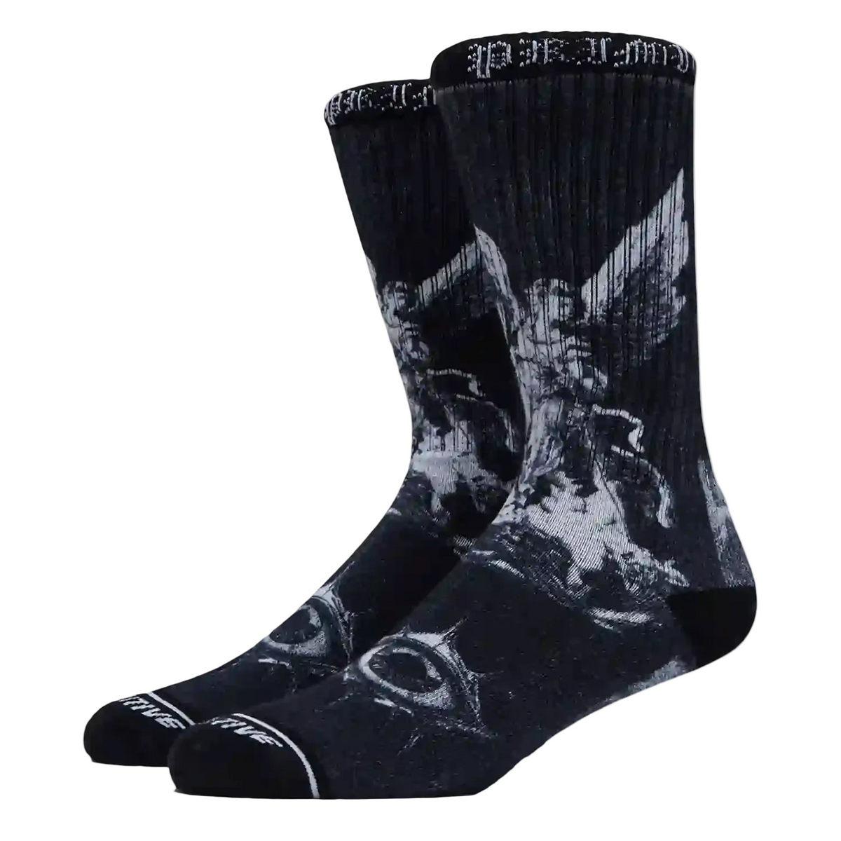 A pair of crew socks in black and white, featuring a distressed graphic print of a winged figure and the word 'JUMPMAN' on the cuff and toe.