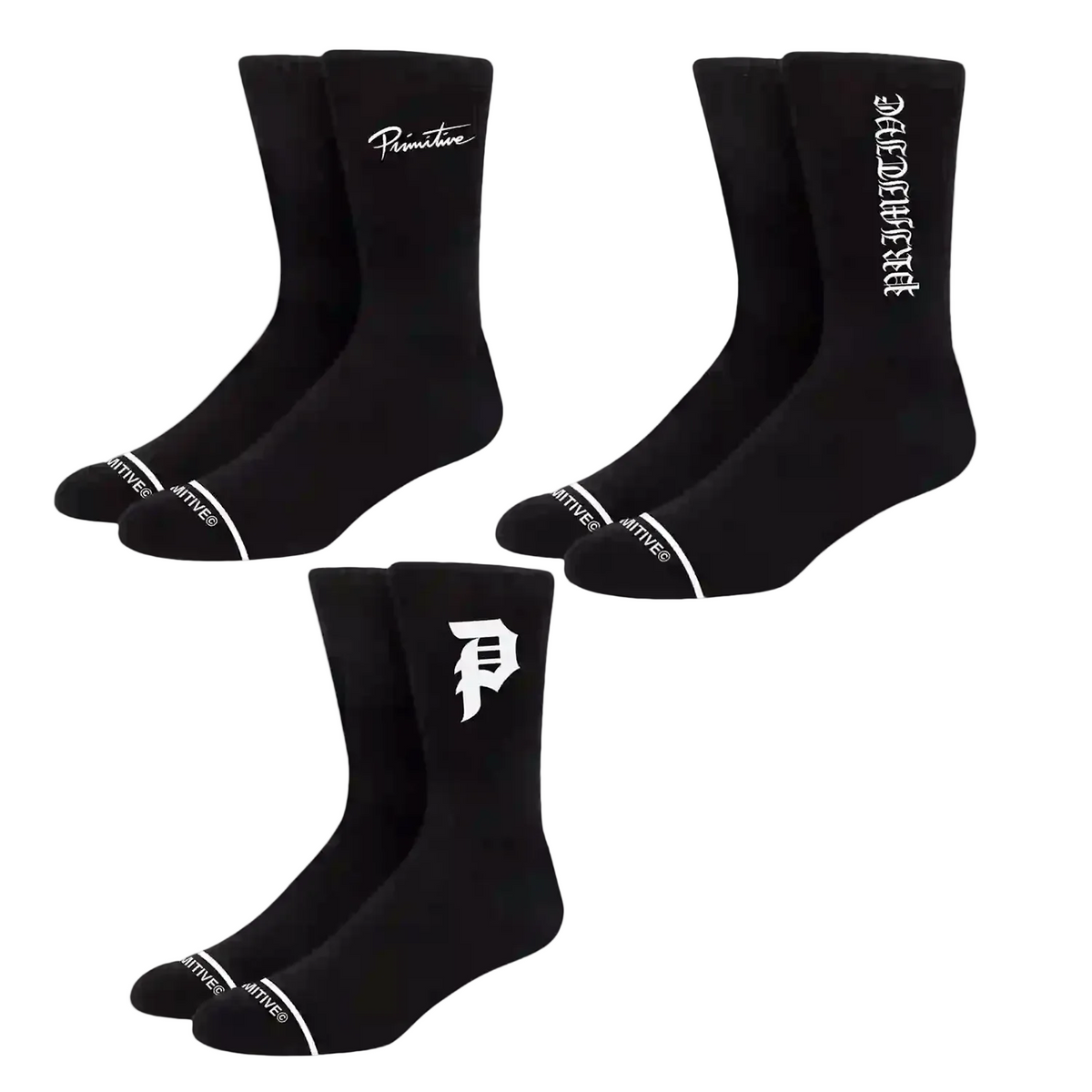 Primitive Socks Core Logo 3 Pack Black