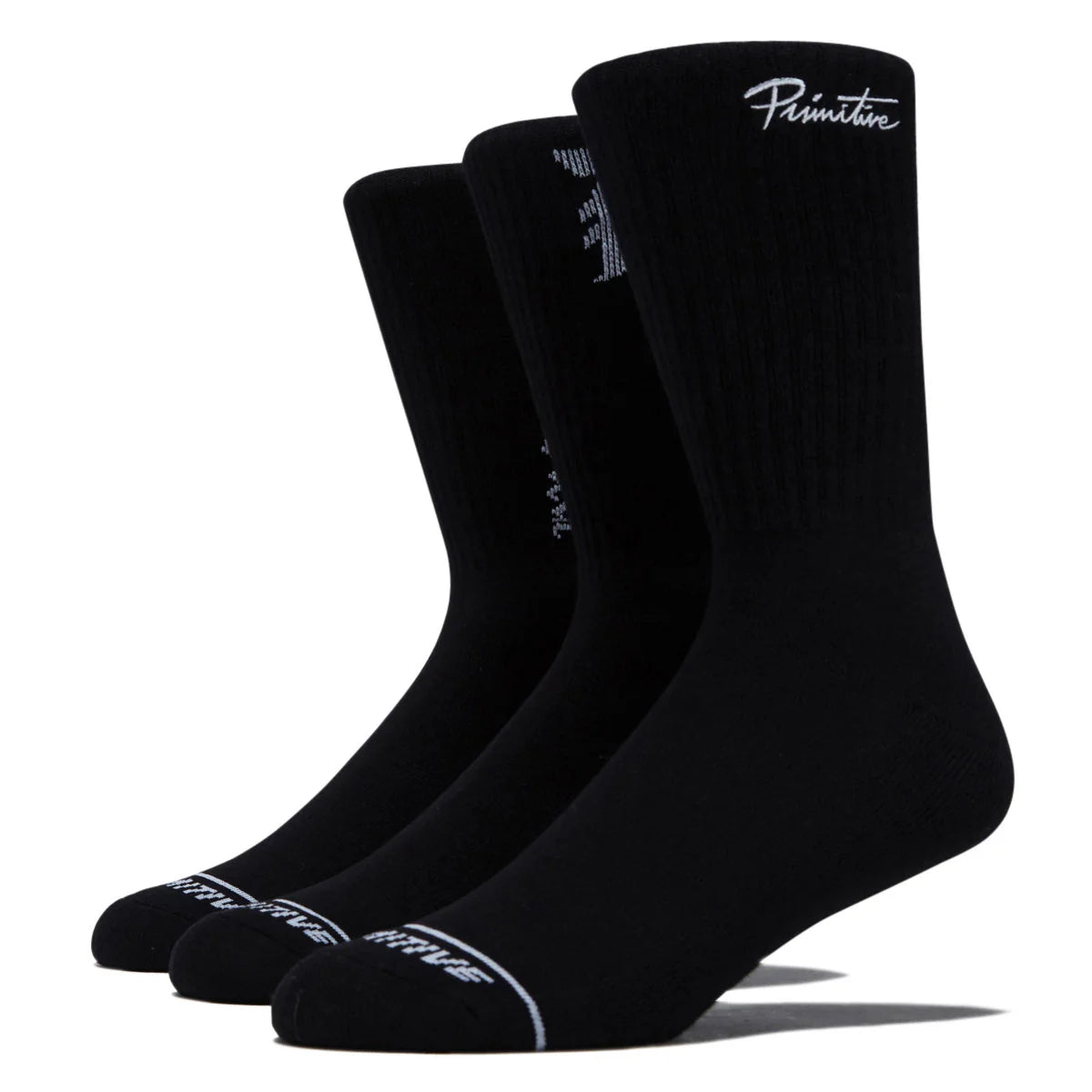 Three black crew socks arranged in a fan shape on a white background, featuring white 'Primitivo' branding on the cuff and toe.